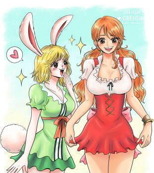 2024 2girls animal_ears artist_name back_bow bangle blonde_hair blush bow bracelet breasts brown_eyes carrot_(one_piece) collarbone commentary cowboy_shot cross-laced_clothes cross-laced_skirt dress english_commentary frilled_shirt frilled_sleeves frills german_clothes greciiagzz green_dress heart highres jewelry large_breasts log_pose long_hair looking_at_another low_twintails miniskirt multiple_girls nami_(one_piece) nami_(one_piece)_(whole_cake_island) official_alternate_costume one_piece open_mouth orange_hair pink_bow rabbit_ears rabbit_girl rabbit_tail red_skirt shirt short_hair short_sleeves single_sidelock skirt sparkle spoken_heart tail twintails white_shirt