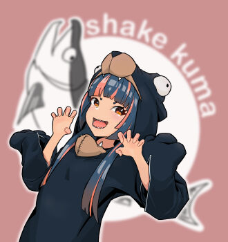 1girl absurdres animal_costume bear bear_costume blue_hair claw_pose cosplay highres hood hoodie kigurumi looking_at_viewer multicolored_hair open_mouth original pink_hair post_(shake_shakepost) red_eyes salmon shark_kuma-chan_(shake_shakepost) sharp_teeth sidelocks solo teeth two-tone_hair upper_body