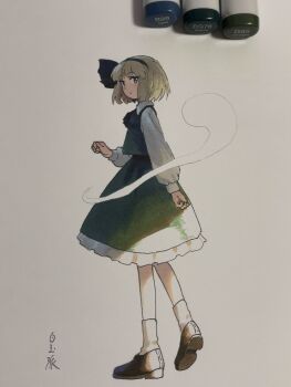 1girl art_tools_in_frame black_bow black_bowtie black_hair black_hairband black_shoes bow bowtie collared_shirt commentary full_body green_eyes green_skirt green_vest grey_hair hair_ribbon hairband highres konpaku_youmu konpaku_youmu_(ghost) long_sleeves looking_at_viewer looking_to_the_side marker marker_(medium) ribbon shiratama_(hockey) shirt shoes short_hair signature skirt socks solo standing symbol-only_commentary touhou traditional_media vest white_shirt white_socks