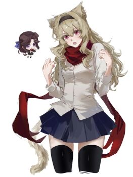 Rule 34 | 2girls, absurdres, animal ears, black hairband, black socks, black thighhighs, blonde hair, blue bow, blue skirt, bow, bowtie, breasts, brown hair, cat ears, cat girl, cat tail, chibi, chibi inset, claw pose, commentary, cowboy shot, cropped legs, dog ears, dog girl, dog tail, fang, grey jacket, grey skirt, hair between eyes, hair bow, hair ornament, hairband, half updo, hands up, highres, jacket, kemonomimi mode, long hair, long sleeves, looking at viewer, medium breasts, miniskirt, multiple girls, nirvana (w688348960), open clothes, open jacket, open mouth, parted bangs, pink eyes, pleated skirt, purple eyes, red bow, red bowtie, red scarf, saijou claudine, scarf, school uniform, seishou music academy uniform, shirt, shoujo kageki revue starlight, sidelocks, simple background, skirt, smile, socks, standing, symbol-only commentary, tail, tendou maya, thighhighs, wavy hair, white background, white shirt, x hair ornament, zettai ryouiki