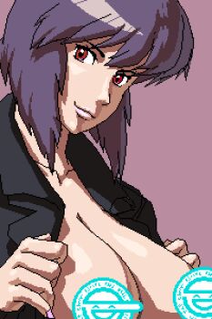 1girl breasts censored censored_nipples female_focus ghost_in_the_shell ghost_in_the_shell:_stand_alone_complex jacket kusanagi_motoko large_breasts laughing_man_(gits) looking_at_viewer lowres oekaki open_clothes open_jacket portrait purple_background purple_hair rakugaki red_eyes short_hair simple_background smile solo upper_body