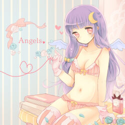 Rule 34 | 1girl, angel wings, blue flower, blue rose, book, bottle, bra, breasts, crescent, crescent hair ornament, english text, flower, gloves, hair ornament, karunabaru, long hair, looking at viewer, navel, panties, patchouli knowledge, perfume bottle, red eyes, rose, solo, string, string of fate, striped background, striped bra, striped clothes, striped panties, striped thighhighs, thighhighs, touhou, underwear, vertical-striped bra, vertical-striped clothes, vertical-striped panties, vertical-striped thighhighs, very long hair, white flower, white gloves, white rose, wings