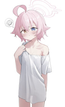 1girl absurdres ahoge arsyky14 blue_archive blue_eyes blush closed_mouth collarbone commentary cowboy_shot english_commentary hair_between_eyes halo heterochromia highres hoshino_(blue_archive) hoshino_(first_year)_(blue_archive) looking_at_viewer naked_shirt off_shoulder oversized_clothes oversized_shirt pink_hair pink_halo pout see-through_silhouette shirt short_hair short_sleeves simple_background single_bare_shoulder solo spoken_squiggle squiggle white_background white_shirt yellow_eyes