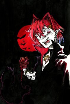 Rule 34 | 1girl, alternate costume, alternate eye color, ange katrina, black background, black coat, blood on flower, coat, commentary request, fangs, flower, full moon, hair between eyes, hair intakes, hair ornament, hatching (texture), high collar, highres, holding, holding flower, linear hatching, looking at viewer, medium hair, moon, nijisanji, open mouth, pointy ears, red eyes, red flower, red hair, red moon, red rose, rose, shou-star, simple bat, smile, solo, teeth, triangle hair ornament, upper body, vampire, virtual youtuber