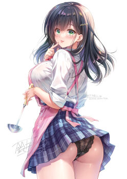 1girl :p apron artist_name ass black_hair black_panties blue_skirt closed_mouth colored_inner_hair cowboy_shot finger_to_mouth from_behind green_eyes hair_ornament hairclip high-waist_skirt highres holding holding_ladle ladle long_sleeves looking_at_viewer looking_back miniskirt mole mole_under_eye multicolored_hair original panties pantyshot pink_apron plaid_clothes plaid_skirt pleated_skirt purple_hair shirt signature simple_background skirt sleeves_rolled_up smile solo suzui_narumi tongue tongue_out trefoil two-tone_hair underwear upskirt white_background white_shirt