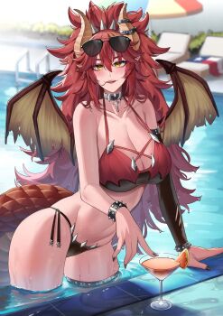 1girl arm_warmers artist_request bikini black_bikini black_nails blush bracelet breasts choker cleavage cross cup dragon_girl dragon_horns dragon_tail drinking_glass food fruit highres horns jewelry long_hair orange_(fruit) outdoors pool poolside red_bikini red_hair single_arm_warmer spiked_bracelet spikes string_bikini sunglasses swimsuit tail virtual_youtuber vshojo water zentreya zentreya_(dragon)