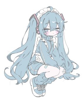 1girl ahoge apron bandaid bandaid_on_leg belt blue_eyes blue_hair blue_jacket blue_leg_warmers blue_shoes blue_shorts blush_stickers commentary_request full_body gauze_on_knee hair_between_eyes hair_ornament hatsune_miku highres izumi_(yura_izumi) jacket leg_warmers long_hair long_sleeves looking_at_viewer maid maid_headdress no_pupils shoes shorts sidelocks simple_background sleeves_past_fingers sleeves_past_wrists sneakers solo thigh_belt thigh_strap track_jacket twintails unconventional_maid very_long_hair vocaloid white_apron white_background zipper