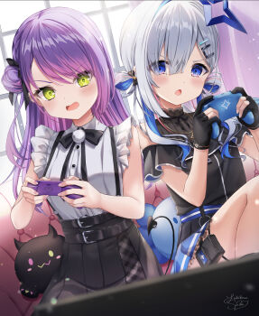 2girls absurdres amane_kanata belt black_belt black_gloves black_shirt black_skirt blue_eyes blue_hair blue_halo blue_skirt blush collared_shirt commentary_request controller couch game_controller gloves grey_hair hair_between_eyes hair_bun halo highres holding holding_controller holding_game_controller hololive indoors looking_down multicolored_hair multiple_girls on_couch open_mouth partially_fingerless_gloves pink_hair pleated_skirt pouch purple_hair shirt single_hair_bun single_side_bun sitting skirt sleeveless sleeveless_shirt star_halo streaked_hair thigh_pouch tokoyami_towa upao_(amane_kanata) virtual_youtuber white_shirt white_trim yellow_eyes yukikawa_sara