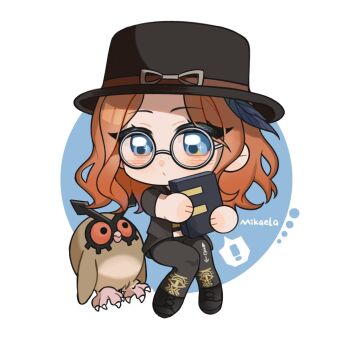 ! 1girl artist_name bird black_hat black_jacket black_pants black_shoes blue_eyes brown_hair chibi crossover dead_by_daylight gen_2_pokemon glasses hat hoothoot jacket mikaela_reid nintendo ozimo_azer pants pokemon pokemon_(creature) round_eyewear shoes speech_bubble