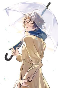 1boy ahoge alternate_costume asaba_harumasa black_hair blue_scarf brown_coat coat commentary from_side headband highres holding holding_umbrella limited0twst0s looking_at_viewer male_focus parted_lips rain scarf short_hair simple_background solo symbol-only_commentary transparent transparent_umbrella umbrella water_drop white_background yellow_eyes yellow_headband zenless_zone_zero