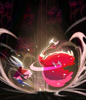 Rule 34 | 2girls, absurdres, ant girl, antennae, arthropod girl, audience, black eyes, black skin, cloak, closed eyes, colored skin, commentary, dress, english commentary, full body, highres, holding, holding weapon, hollow eyes, hollow knight, hollow knight: silksong, horned mask, hornet (hollow knight), horns, looking at another, mask, multicolored skin, multiple girls, needle (hollow knight), no mouth, red cloak, red dress, red skin, skarr scout (hollow knight), skarrgard (hollow knight), skarrsinger karmelita (hollow knight), sleepycty, weapon, white mask