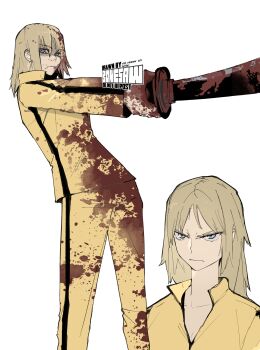 Rule 34 | 1girl, absurdres, beatrix kiddo, blonde hair, blood, blood in hair, blood on clothes, blood on face, blood on hands, blood splatter, bloody weapon, blue eyes, bonesaw (rdkshinku), closed mouth, collarbone, collared shirt, commentary, english commentary, feet out of frame, highres, holding, holding sword, holding weapon, katana, kill bill, long hair, long sleeves, multiple views, open clothes, open shirt, outstretched arms, pants, parted bangs, parted hair, popped collar, sanpaku, shirt, standing, striped clothes, striped pants, striped shirt, sword, vertical-striped clothes, vertical-striped pants, vertical-striped shirt, weapon, white background, yellow pants, yellow shirt