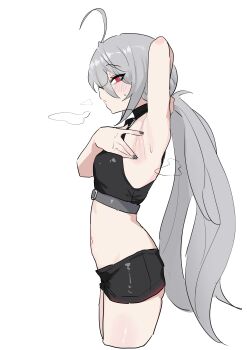 1girl absurdres ahoge armpits bare_shoulders black_nails black_shirt black_shorts black_survival blush breasts cowboy_shot crop_top cropped_legs eternal_return:_black_survival from_side garnet_(black_survival) grey_hair hair_between_eyes highres long_hair median_furrow midriff presenting_armpit red_eyes seoyong shirt short_shorts shorts sleeveless sleeveless_shirt small_breasts solo spread_armpit thigh_strap very_long_hair