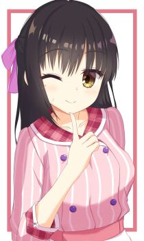 1girl ;) black_hair blush buttons cafe_stella_to_shinigami_no_chou closed_mouth commentary double-breasted eyes_visible_through_hair hair_between_eyes hair_ribbon half_updo hand_up highres index_finger_raised long_hair long_sleeves looking_at_viewer mako_mako mole mole_under_eye official_alternate_costume official_alternate_hairstyle one_eye_closed pink_ribbon pink_shirt ribbon shiki_natsume shirt simple_background smile solo striped_clothes striped_shirt sweatdrop upper_body vertical-striped_clothes vertical-striped_shirt waitress white_background yellow_eyes