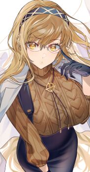 Rule 34 | 1girl, black gloves, black skirt, blonde hair, breasts, brown shirt, commentary request, cow (shadow), demeter (fate), fate/grand order, fate (series), glasses, gloves, highres, jacket, jewelry, large breasts, long hair, necklace, open clothes, open jacket, shirt, skirt, solo, sweater, white jacket, yellow eyes