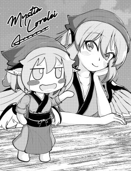 :d animal_ears arososo145 bird_ears bird_wings blush cursive english_text feathered_wings fumo_(doll) greyscale hand_on_own_chin hand_on_table hat highres japanese_clothes kimono looking_ahead looking_at_another monochrome mystia_lorelei okamisty open_mouth signature smile standing_on_object table touhou wings wooden_table