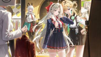 3girls ahoge alternate_costume android arm_around_shoulder bag black_horns black_skirt blonde_hair blue_eyes bow braid braided_bangs breasts carlotta_(wuthering_waves) closed_mouth collared_shirt commentary_request curled_horns earrings grey_hair grin hair_bow hair_ornament headphones headphones_around_neck high-waist_skirt holding holding_bag horns indoors jewelry korean_commentary large_breasts leaning_forward long_hair lynae_(wuthering_waves) meoyo multiple_girls necktie parted_bangs red_bow red_necktie shirt shirt_tucked_in shopping_bag skirt skull_hair_ornament smile star_(symbol) star_earrings striped_bow white_shirt wuthering_waves zani_(wuthering_waves)