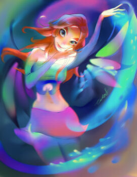 1girl aqua_eyes aqua_shirt bare_shoulders brown_hair closed_mouth clothing_cutout collarbone commentary cowboy_shot english_commentary gradient_background green_background green_pantyhose head_tilt highres hydrokinesis irma_lair ladyshalirin leg_up lipstick long_hair long_sleeves magical_girl makeup midriff miniskirt navel off-shoulder_shirt off_shoulder pantyhose pencil_skirt pink_pantyhose pink_skirt shirt sidelocks signature skirt smile solo standing two-tone_pantyhose w.i.t.c.h. water