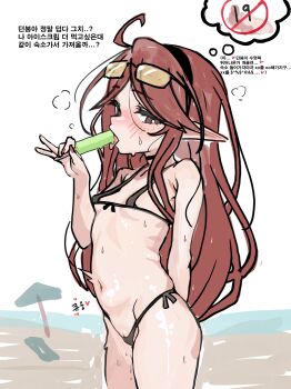 1girl antenna_hair arm_behind_back bikini black_bikini blush breasts cameltoe cowboy_shot dungeon_and_fighter eyelashes fellatio_gesture female_focus female_mage_(dungeon_and_fighter) fingernails food from_side hand_up ice_cream korean_text loli long_fingernails long_hair looking_at_viewer looking_to_the_side micro_bikini nail_polish navel open_mouth oral_invitation outdoors pointy_ears red_eyes red_hair red_nails small_breasts solo standing sunglasses_on_head swimsuit tinted_eyewear tongue tongue_out translation_request yellow-tinted_eyewear zizim