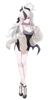 1girl absurdres black_choker black_dress black_hair black_horns black_wings blue_archive breasts choker cleavage commission dress full_body halo hand_up highres horns kayoko_(blue_archive) kayoko_(dress)_(blue_archive) liaowen long_hair long_sleeves looking_at_viewer low_wings medium_breasts off_shoulder official_alternate_costume parted_lips red_eyes simple_background single_bare_shoulder solo standing thighs white_background white_hair wings