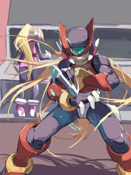 1boy 1girl absurdres armor black_eyes blonde_hair ciel_(mega_man) commentary_request forehead_jewel full_body helmet high_ponytail highres indoors long_hair male_focus mega_man_(series) mega_man_zero_(series) mega_man_zero_2 omochi_(mochi_skymega) ponytail red_armor red_helmet solo_focus standing zero(z)_(mega_man) zero_(mega_man)