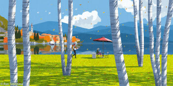 1boy 1girl artist_name autumn birch_tree boat book butler chair commentary commentary_request copyright_notice english_commentary falling_leaves folding_chair grass hat highres lake landscape leaf mountain no_lineart original reading reflection reflective_liquid rolling_suitcase sailboat sitting suitcase table takemasaryo town tray tree umbrella vest walking water watercraft wide_shot