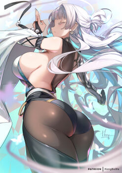 1girl artist_name ass bare_shoulders black_pantyhose breasts closed_eyes closed_mouth earrings from_behind goddess_of_victory:_nikke hand_up highres hong_(white_spider) huge_ass jewelry large_breasts long_hair mechanical_arms mechanical_hands nayuta_(nikke) pantyhose patreon_username sideboob single_mechanical_arm single_mechanical_hand solo thighs white_hair