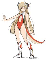 Rule 34 | 1girl, absurdres, artist request, bare shoulders, blonde hair, boots, breasts, clothing cutout, commentary, concept art, dragon girl, dragon horns, dragon tail, english commentary, expressionless, full body, godgear ragdrahod, highleg, highleg leotard, highres, horns, leotard, long hair, mechanical horns, red eyes, second-party source, sketch, small breasts, solo, stomach cutout, tail, very long hair