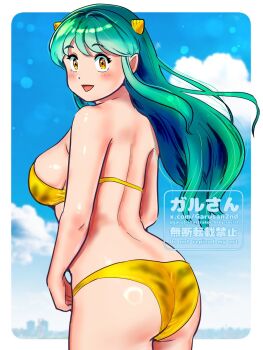 1girl animal_print ass bikini blush breasts green_hair highres horns kenken28937178 large_breasts long_hair looking_at_viewer lum oni open_mouth smile solo swimsuit tiger_print urusei_yatsura yellow_bikini yellow_eyes