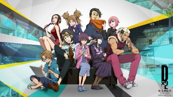 4boys 5girls afro arm_tattoo artist_request black_hair black_shoes brown_hair brown_shoes cellphone computer copyright_name couch dress earrings facial_hair female_protagonist_(smt_ldx2) fingerless_gloves flip-flops fur-trimmed_vest fur_trim fuse_tarou glasses gloves highres holding holding_phone hood hooded_jacket inoue_gakuto jacket jewelry koden_shiori laptop male_protagonist_(smt_ldx2) multiple_boys multiple_girls official_art phone pink_hair purple_eyes red_dress ryuzouji_rika saikawa_seiran sailor_collar sandals school_uniform serafuku shiang_sun shin_megami_tensei shin_megami_tensei:_liberation_dx2 shoes sitting skirt spider_tattoo tattoo tsai-jung_yun ueda_ririn vest