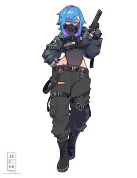 1girl belt black_leotard blue_eyes blue_hair boots covered_navel full_body gas_mask gloves grey_gloves gun hair_between_eyes hand_on_own_hip handgun heterochromia highleg highleg_leotard highres holding holding_gun holding_weapon jacket jesternalagon lace-up_boots leotard leotard_under_clothes long_sleeves looking_at_viewer mask mouth_mask multicolored_hair orange_eyes original pants purple_hair see-through_clothes short_hair sidelocks simple_background solo streaked_hair thighs uneven_eyes weapon white_background