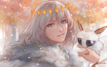 1boy blanca_(fate) blue_eyes bug cape commentary_request fate/grand_order fate_(series) fur_cape grey_hair insect looking_at_viewer male_focus moth oberon_(fate) oberon_(second_ascension)_(fate) outdoors parted_lips renrenka_noi short_hair signature solo upper_body white_cape