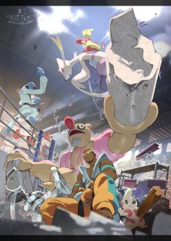 1boy armband barefoot blurry boxing_ring ceiling closed_mouth conkeldurr dark-skinned_male dark_skin e_volution fingerless_gloves gen_5_pokemon gloves grey_vest gurdurr holding looking_up male_focus marshal_(pokemon) mienfoo mienshao muscular muscular_male nintendo pants pokemon pokemon_bw sawk short_hair sitting steel_beam throh timburr vest