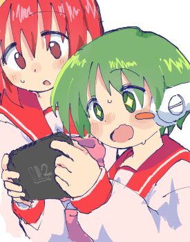 2girls android green_eyes green_hair handheld_game_console highres holding holding_handheld_game_console kamigishi_akari multi_(to_heart) multiple_girls nintendo_switch_2 pizamanmgmg_1 red_eyes red_hair red_sailor_collar sailor_collar school_uniform serafuku shirt short_hair simple_background star-shaped_pupils star_(symbol) symbol-shaped_pupils to_heart to_heart_(series) white_background white_shirt