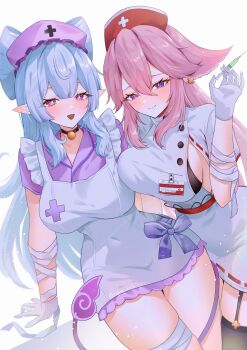 2girls absurdres alternate_costume animal_ears apron black_choker black_garter_straps black_thighhighs blue_hair blush breasts choker closed_mouth commentary dress english_commentary fox_ears garter_straps genshin_impact gloves hair_between_eyes hand_up hat highres holding holding_syringe large_breasts long_hair looking_at_viewer multiple_girls nihongami nurse_cap nyamo-lv0 open_mouth pink_hair pointy_ears purple_eyes sideboob simple_background smile symbol-shaped_pupils syringe tail tapir_tail thighhighs very_long_hair white_apron white_background white_dress white_gloves yae_miko yumemizuki_mizuki