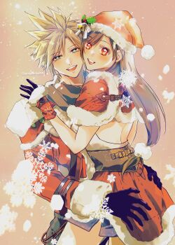 1boy 1girl absurdres backless_outfit black_gloves black_hair black_scarf blonde_hair blue_eyes blue_skirt blush capelet cheek-to-cheek christmas cloud_strife cloud_strife_(holiday_outfit) commentary_request couple cowboy_shot final_fantasy final_fantasy_vii final_fantasy_vii:_ever_crisis fur-trimmed_capelet fur-trimmed_gloves fur-trimmed_headwear fur-trimmed_jacket fur_trim gloves gogochi55 hand_on_another&#039;s_ass hat hat_ornament heads_together hetero highres holly_hat_ornament jacket long_hair looking_at_viewer miniskirt official_alternate_costume open_mouth pom_pom_(clothes) red_capelet red_eyes red_hat red_jacket santa_hat scarf skirt smile snow snowflakes spiked_hair sweater teeth tifa_lockhart tifa_lockhart_(fairy_of_the_holy_flame) twitter_username upper_teeth_only white_sweater