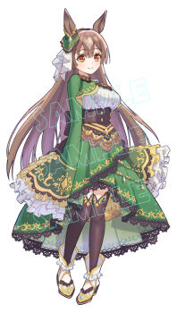 1girl animal_ears black_corset black_thighhighs blush bow breasts brown_hair closed_mouth comiket_107 commentary_request corset cropped_jacket ear_ribbon green_jacket green_skirt hair_between_eyes high_heels highres horse_ears horse_girl jacket large_breasts long_hair looking_at_viewer orange_eyes ribbon satono_diamond_(natural_brilliance)_(umamusume) satono_diamond_(umamusume) shiroiro_en shirt shoes skirt sleeves_past_fingers sleeves_past_wrists smile solo thighhighs umamusume white_ribbon white_shirt white_shoes