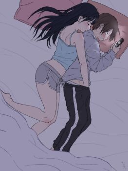 1boy 1girl black_hair black_pants blue_camisole boku_no_kokoro_no_yabai_yatsu brown_hair camisole closed_eyes closed_mouth commentary_request crop_top dolphin_shorts grey_shirt grey_shorts hair_spread_out hand_in_another&#039;s_clothes hands_up head_on_pillow hetero highres holding holding_phone ichikawa_kyoutarou implied_handjob long_hair long_sleeves looking_at_phone lying male_underwear narumi_(62rimi) on_bed on_side pants phone pillow shirt short_hair short_shorts shorts underwear very_short_hair white_male_underwear yamada_anna