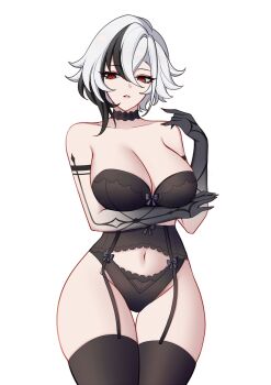 Rule 34 | 1girl, alternate costume, arlecchino (genshin impact), arm under breasts, bare shoulders, black bow, black bra, black choker, black garter belt, black hands, black panties, black streaks, black thighhighs, bow, bra, breasts, charlie purrito, choker, cleavage, collarbone, colored extremities, garter belt, genshin impact, hair between eyes, highres, large breasts, looking at viewer, medium hair, navel, panties, parted lips, red pupils, solo, stomach, symbol-shaped pupils, thighhighs, underwear, white background, x-shaped pupils
