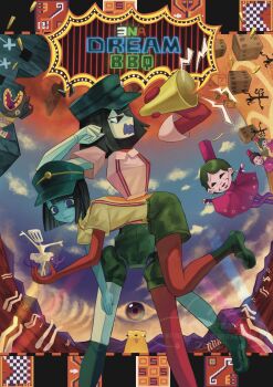 black_hair blue_skin blunt_bangs blunt_ends bob_cut colored_skin ena:_dream_bbq ena_(dream_bbq) ena_(series) ena_(species) fish_(ena) floating_head green_hat hangover_ena hat highres hourglass_dog laura_(ena) laurel_(ena) linda_(ena) low_poly meanie_ena multicolored_skin multiple_girls open_mouth red_skin shirt short_hair short_sleeves spatulady_(ena) split-color_skin surreal two-tone_skin usagimarumei white_shirt