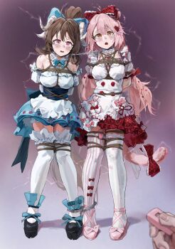 1other 2girls a_tea absurdres arknights bare_shoulders bdsm bondage bound breasts brown_eyes brown_hair chain chained collar controller dress egg_vibrator eyjafjalla_(arknights) female_focus goldenglow_(arknights) highres holding holding_remote_control long_hair medium_breasts multiple_girls pink_eyes pink_hair remote_control remote_control_vibrator restrained sex_toy shibari shibari_over_clothes shoes short_sleeves simple_background standing tail thighhighs vibrator white_thighhighs