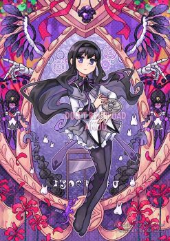 1girl akemi_homura akemi_homura_(magical_girl) akuo argyle_clothes argyle_thighhighs black_feathers black_hair closed_mouth dress feathered_wings feathers full_body grey_skirt guillotine high_collar long_hair looking_at_viewer mahou_shoujo_madoka_magica pantyhose purple_eyes red_ribbon ribbon skeleton_hands skirt solo soul_gem teeth white_dress wings