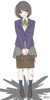 1girl absurdres bandaid bandaid_on_leg black_socks blazer blush briefcase brown_eyes brown_hair collared_shirt green_neckerchief grey_skirt hair_ornament hairclip highres holding holding_briefcase jacket long_sleeves looking_at_viewer neckerchief open_mouth original pleated_skirt purple_jacket school_briefcase school_uniform shirt shoes short_hair simple_background skirt smile socks solo unasaka_ryou white_background white_shirt