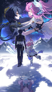 Rule 34 | 1boy, 2girls, adoptive parent and adoptive child, aemeath (wuthering waves), aemeath (young) (wuthering waves), aurora, black gloves, black hair, black jacket, black pants, closed eyes, closed mouth, commentary, cyxndmr, different reflection, facing another, father and daughter, female rover (perpetual spark) (wuthering waves), female rover (wuthering waves), fingerless gloves, gloves, hair ornament, highres, holding hands, jacket, looking at another, male rover (perpetual spark) (wuthering waves), male rover (wuthering waves), mother and daughter, multiple girls, multiple views, outdoors, pants, pink hair, pointing, pointing up, ponytail, reflection, rover (wuthering waves), smile, tacet mark (wuthering waves), white gloves, wuthering waves, yellow eyes