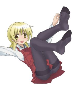 1girl :d adjusting_clothes adjusting_legwear andreypavlow black_pantyhose blonde_hair blush breasts commentary dress english_commentary feet full_body hidamari_sketch highres knees_together_feet_apart legs legs_up long_hair long_sleeves lying miyako_(hidamari_sketch) neck_ribbon no_shoes on_back open_mouth panties panties_under_pantyhose pantyhose red_dress ribbon shirt short_dress small_breasts smile soles solo thighband_pantyhose toes underwear white_background white_shirt yellow_eyes