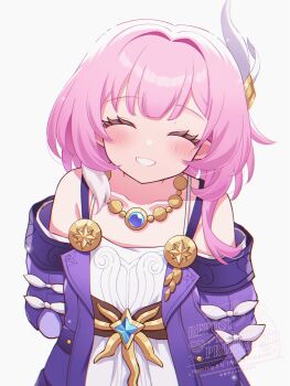 1girl bare_shoulders breasts coat commentary_request cyrene_(aedes_elysiae)_(honkai:_star_rail) cyrene_(honkai:_star_rail) hair_ornament highres honkai:_star_rail honkai_(series) jewelry looking_at_viewer multicolored_hair necklace pink_hair purple_coat short_hair simple_background small_breasts solo two-tone_hair white_background white_ztt