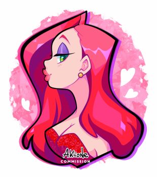 1girl artist_name breasts cleavage dress earrings eyeshadow glitter_dress green_eyes heart jessica_rabbit jewelry lipstick long_hair looking_at_viewer makeup red_dress red_hair red_lips solo who_framed_roger_rabbit yoyochaan