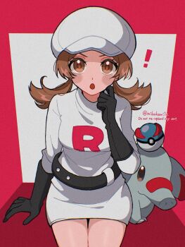 ! 1girl :o arm_support black_gloves blush_stickers breasts brown_eyes brown_hair cowboy_shot gen_2_pokemon gloves great_ball hat highres looking_at_viewer lyra_(pokemon) medium_hair mikakami1e nintendo phanpy poke_ball pokemon pokemon_masters_ex red_background skirt small_breasts solo_focus team_rocket team_rocket_uniform thighs twintails twitter_username watermark white_background white_hat white_skirt