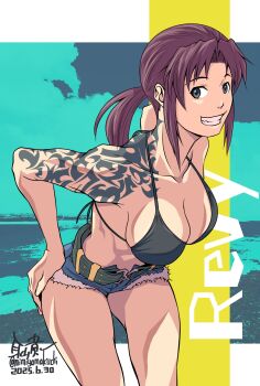 Rule 34 | 1girl, artist name, bikini, bikini top only, black lagoon, breasts, cigarette, cleavage, dated, denim, denim shorts, grin, hand on own hip, highres, large breasts, leaning forward, legs, long hair, micro shorts, mimiyama kiichi, ponytail, purple hair, revy (black lagoon), shorts, smile, swimsuit, tattoo, teeth, thighs, toned, underwear
