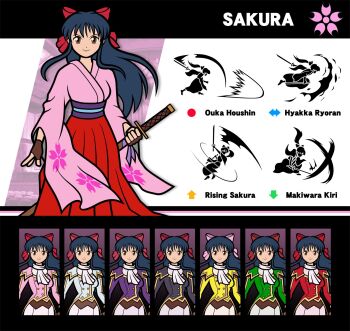 1girl alternate_color artist_name attack blue_hair breasts brown_eyes chart fingerless_gloves gloves hair_ribbon highres japanese_clothes legs long_hair long_skirt looking_at_viewer medium_breasts nintendo pants ponytail ribbon sakura_taisen sega shinguuji_sakura skirt small_breasts smile solo super_smash_bros. sword thighs weapon